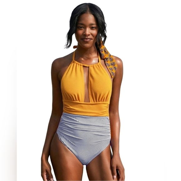 Cupshe Other - Cupshe Golden Yellow And Striped Halter One-Piece Swimsuit Size L